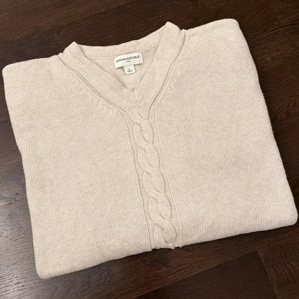 Y2K Vintage‎ Banana Republic V-Neck 3D Cable Knit Sweater | Beige | XL